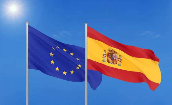 欧州連合 スペイン 欧州連合とスペインの厚い色の絹のような旗 空の背景に3Dイラスト イラストレーション — ストック写真