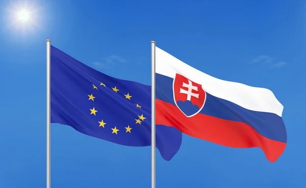 Європейський Союз Проти Словаччини Товсті Кольорові Шовковистою Прапорами Європейського Союзу — стокове фото