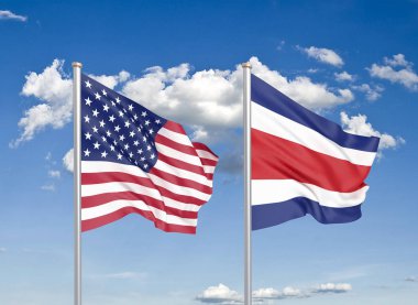 Amerika Birleşik Devletleri Kosta Rika 'ya karşı. Amerika ve Kosta Rika 'nın kalın renkli ipek bayrakları. Gökyüzü arka planında 3D çizim. - Resim.