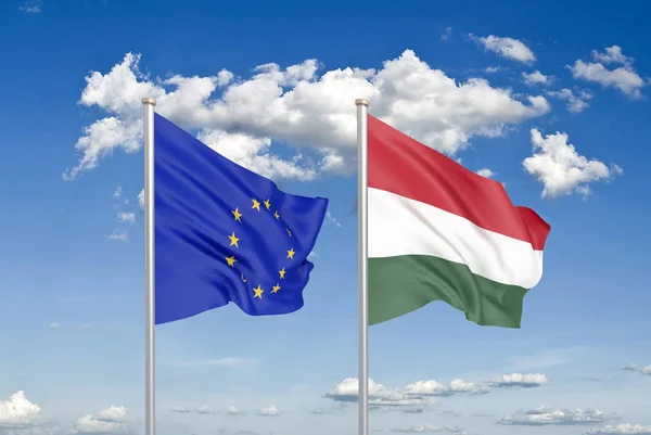Европейский Союз Против Венгрии Толстые Шелковистые Флаги Европейского Союза Венгрии — стоковое фото