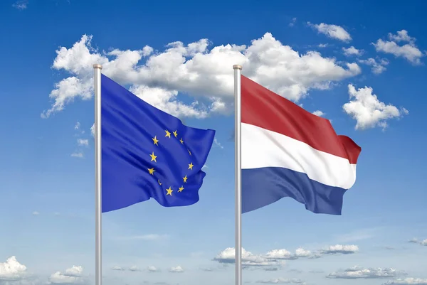 Европейский Союз Против Нидерландов Толстые Шелковистые Флаги Европейского Союза Нидерландов — стоковое фото