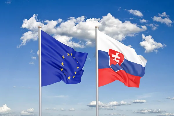 Unii Europejskiej Przeciwko Słowacji Grube Kolorowe Flagi Jedwabiste Unii Europejskiej — Zdjęcie stockowe
