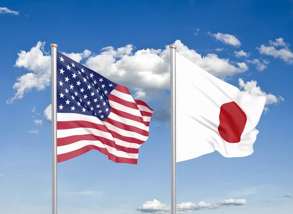 Verenigde Staten Tegen Japan Dikke Gekleurde Zijdeachtige Vlaggen Van Amerika — Stockfoto