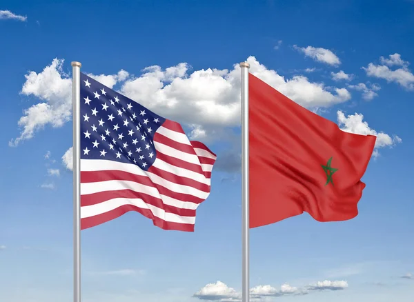 Verenigde Staten Tegen Marokko Dikke Gekleurde Zijdeachtige Vlaggen Van Amerika — Stockfoto