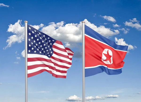 United States America North Korea Thick Colored Silky Flags America — Stock Photo, Image