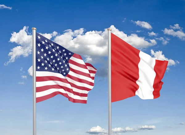美利坚合众国诉秘鲁案 美国和秘鲁厚重的彩色丝质国旗 3D天空背景图解 — 图库照片