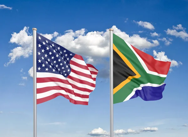 United States of America vs South Africa. Thick colored silky flags of America and South Africa. 3D illustration on sky background. - Illustration