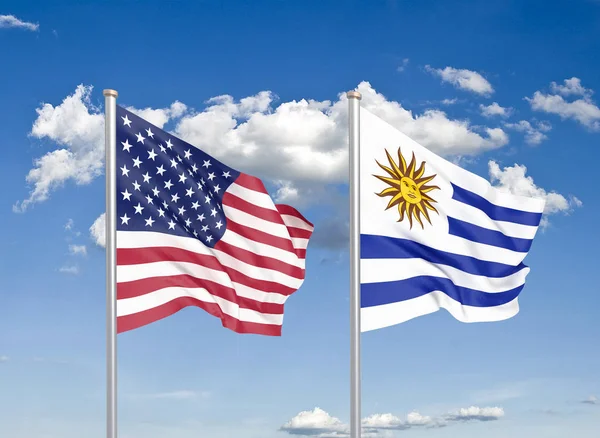 Ηνωμένες Πολιτείες Της Αμερικής Ουρουγουάη Πυκνές Έγχρωμες Μεταξένια Σημαίες Της — Φωτογραφία Αρχείου