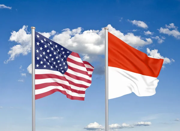 Förenta Staterna Mot Indonesien Tjocka Färgade Silkeslena Flaggor Amerika Och — Stockfoto