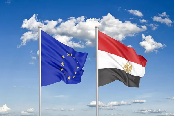 Европейский Союз Против Египта Толстые Шелковистые Флаги Европейского Союза Египта — стоковое фото