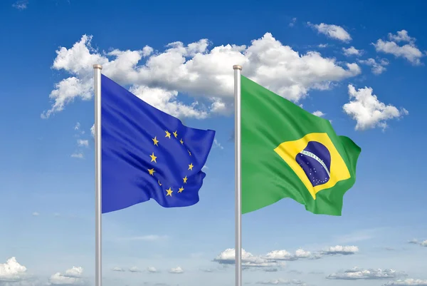 Europeiska Unionen Mot Brasilien Tjocka Färgade Silkeslen Flaggor Europeiska Unionen — Stockfoto