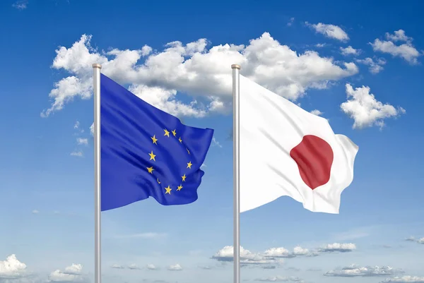 Unione Europea Contro Giappone Bandiere Seta Colorate Spesse Dell Unione — Foto Stock