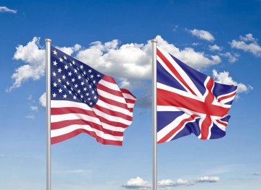 Amerika Birleşik Devletleri vs İngiltere. Amerika ve Birleşik Krallık kalın renkli ipeksi bayraklar. Gökyüzü arka plan üzerinde 3d illüstrasyon. - İllüstrasyon