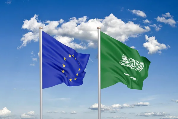 沙特阿拉伯 欧盟和沙特阿拉伯的厚彩色丝绸旗帜 — 图库照片