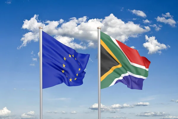 欧州連合 南アフリカ 欧州連合と南アフリカの厚い色の絹のような旗 空の背景に3Dイラスト イラストレーション — ストック写真
