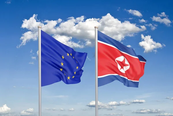 Unione Europea Contro Corea Del Nord Bandiere Seta Colore Spesso — Foto Stock