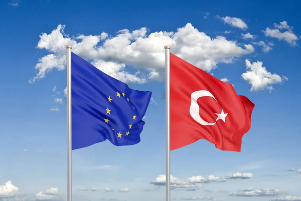 European Union vs Turkey. Thick colored silky flags of European Union and Turkey. 3D illustration on sky background. - Illustration