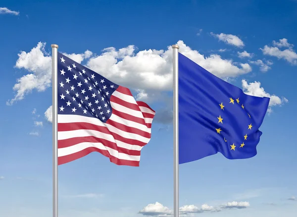 Сполучені Штати Америки Проти Європейського Союзу Товсті Кольорові Шовкові Прапори — стокове фото