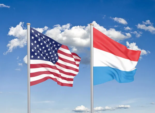 Verenigde Staten Tegen Luxemburg Dikke Gekleurde Zijdeachtige Vlaggen Van Amerika — Stockfoto