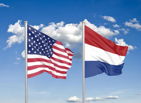 Verenigde Staten Tegen Nederland Dikke Gekleurde Zijdeachtige Vlaggen Van Amerika — Stockfoto