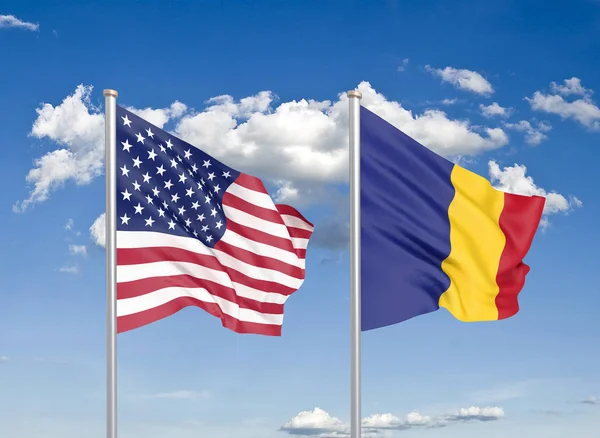 美利坚合众国诉罗马尼亚案 美国和罗马尼亚厚重的彩色丝质国旗 3D天空背景图解 — 图库照片