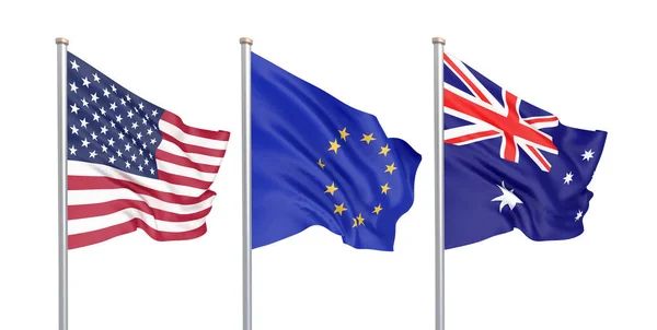 Three Colored Silky Flags Wind Usa United States America European — Stock Photo, Image