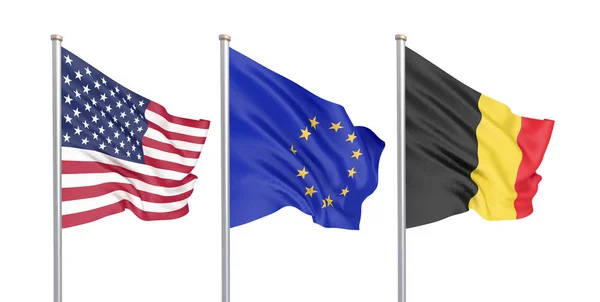 Drei Farbige Seidene Flaggen Wind Usa Vereinigte Staaten Von Amerika — Stockfoto