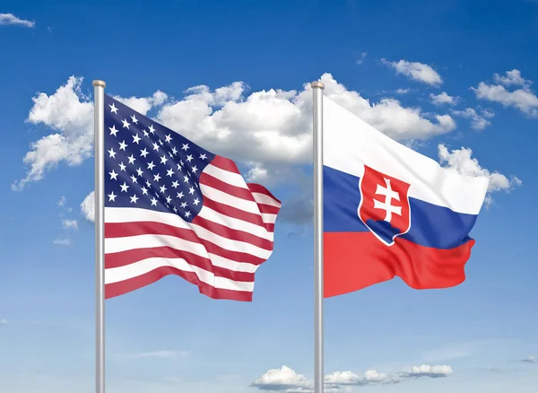 Сполучені Штати Америки Проти Словаччини Товсті Кольорові Шовкові Прапори Америки — стокове фото
