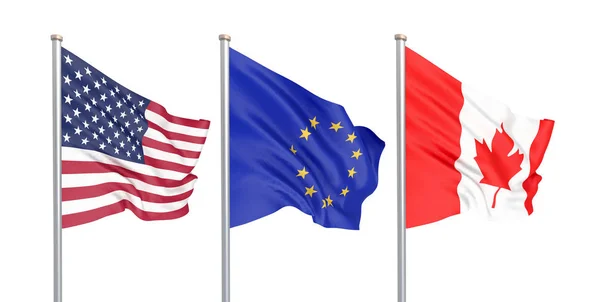 Tre Färgade Silkeslena Flaggor Vinden Usa Amerikas Förenta Stater Europeiska — Stockfoto