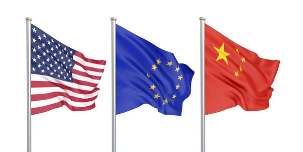 Drie Gekleurde Zijdeachtige Vlaggen Wind Verenigde Staten Van Amerika Europese — Stockfoto
