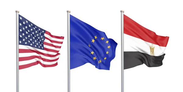 Три Цветных Шелковистых Флага Ветру Сша Соединенные Штаты Америки Европейский — стоковое фото