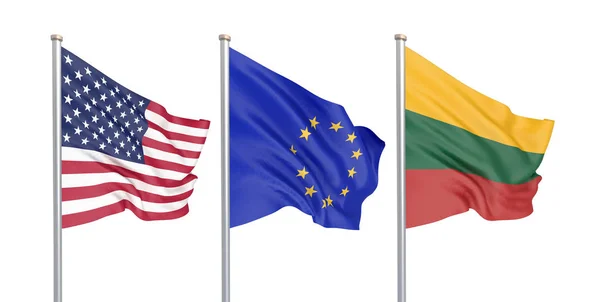 Három Színes Bársonyos Zászló Szélben Usa Amerikai Egyesült Államok Európai — Stock Fotó