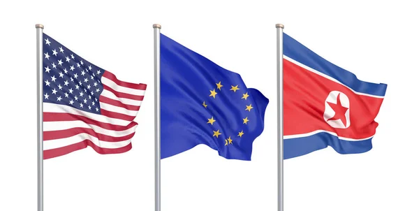 Rüzgar Renkli Ipeksi Bayraklar Abd Amerika Birleşik Devletleri Avrupa Birliği — Stok fotoğraf