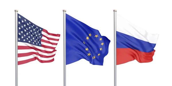 Tres Banderas Sedosas Colores Viento Estados Unidos América Unión Europea — Foto de Stock