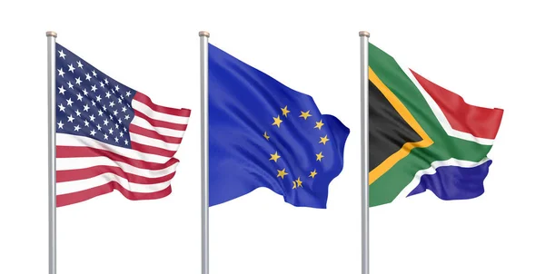 風の中の3つの色の絹のような旗 アメリカ アメリカ合衆国 欧州連合 と南アフリカは白で孤立しました 3Dイラスト — ストック写真
