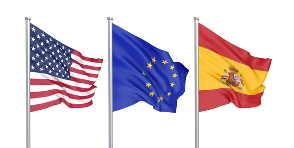 Τρεις Έγχρωμες Μεταξένια Σημαίες Στον Άνεμο Usa Ηνωμένες Πολιτείες Αμερικής — Φωτογραφία Αρχείου