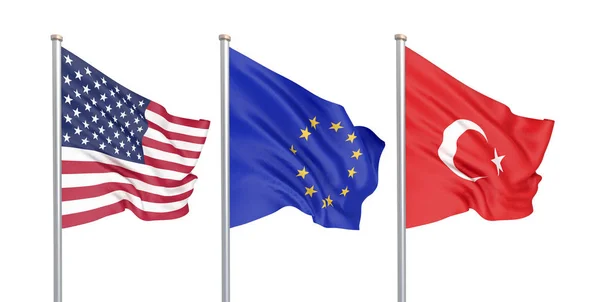 Tre Färgade Silkeslena Flaggor Vinden Usa Amerikas Förenta Stater Europeiska — Stockfoto