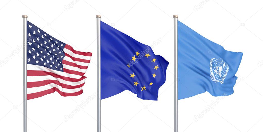 Three colored silky flags in the wind: USA (United States of America), EU (European Union) and United Nations Organization isolated on white. 3D illustration.