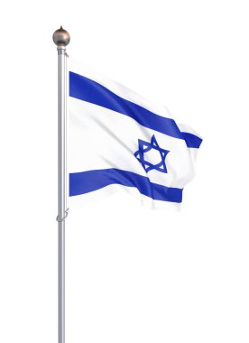 İsrail bayrağı rüzgarda esiyor. Arka plan dokusu. 3d render, dalga. - İllüstrasyon. Beyaz üzerine izole