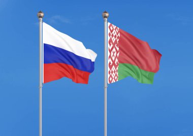 Rusya vs Belarus. Rusya ve Belarus kalın renkli ipeksi bayrakları. gökyüzü arka plan üzerinde 3D illüstrasyon Illustration