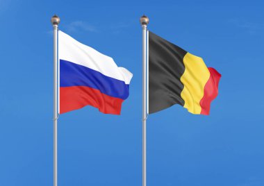 Rusya vs Belçika. Rusya ve Belçika kalın renkli ipeksi bayrakları. gökyüzü arka plan üzerinde 3D illüstrasyon Illustration