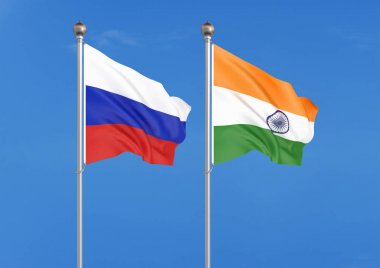 Rusya vs Hindistan. Rusya ve Hindistan kalın renkli ipeksi bayrakları. gökyüzü arka plan üzerinde 3D illüstrasyon Illustration
