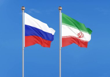 Rusya vs Iran. Rusya ve Iran 'ın kalın renkli ipeksi bayrakları. gökyüzü arka plan üzerinde 3D illüstrasyon Illustration