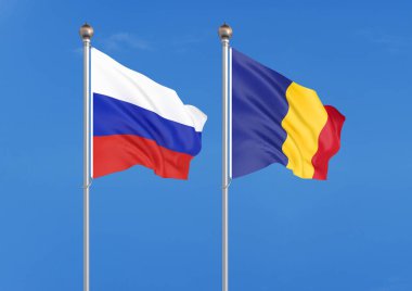 Rusya vs Romanya. Rusya ve Romanya 'nın kalın renkli ipeksi bayrakları. gökyüzü arka plan üzerinde 3D illüstrasyon Illustration
