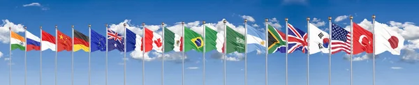 Waving Flags Countries Members Group Twenty Big G20 Japan 2020 — Stock Photo, Image