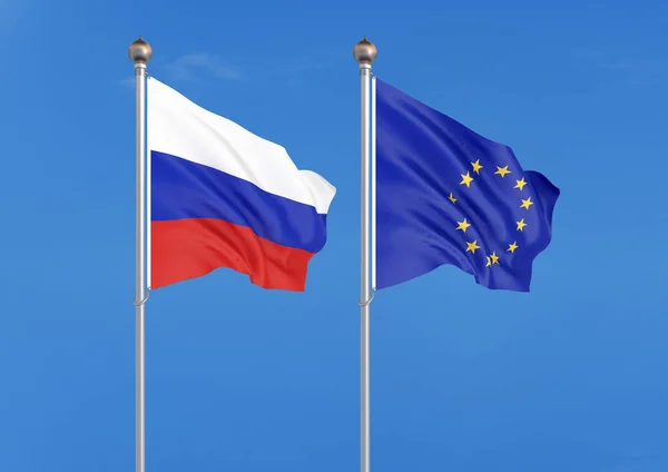 Russia European Union Thick Colored Silky Flags Russia European Union — Stock Photo, Image