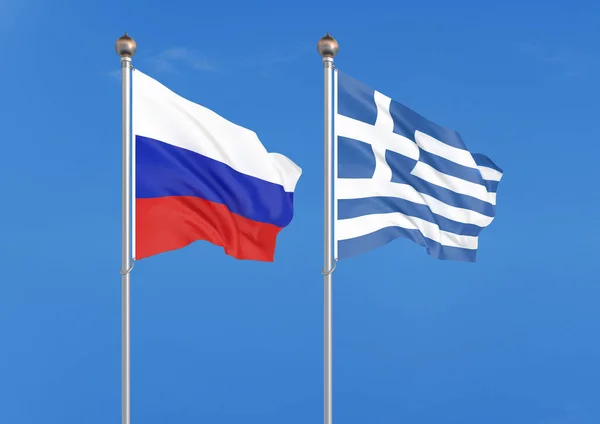 Russia vs Greece. Thick colored silky flags of Russia and Greece. 3D illustration on sky background  Illustration