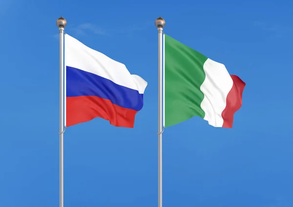 Россия Против Италии Толстые Шелковистые Флаги России Италии Иллюстрация Фоне — стоковое фото