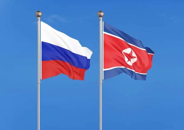 Rusko Severní Korea Hustě Zbarvené Hedvábné Vlajky Ruska Severní Koreje — Stock fotografie