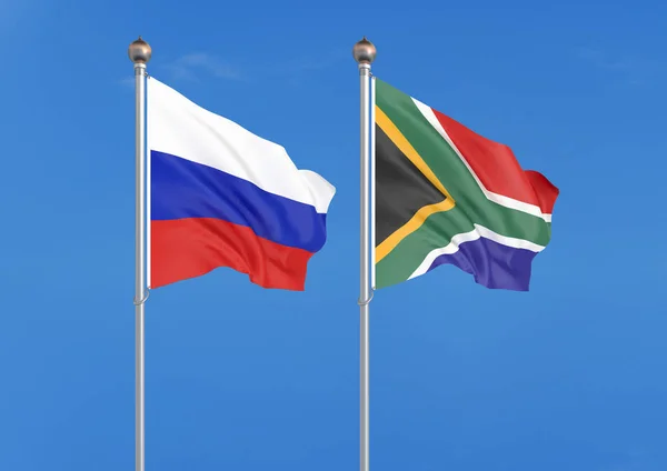 ロシア 南アフリカ ロシアと南アフリカの厚い色の絹のような旗 空の背景イラストに3Dイラスト — ストック写真